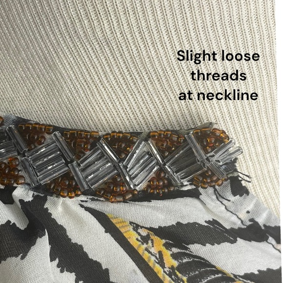 Hale Bob Black /White / Yellow Animal Print 100% Silk Beaded V Neckine Blouse Sm - Picture 6 of 16